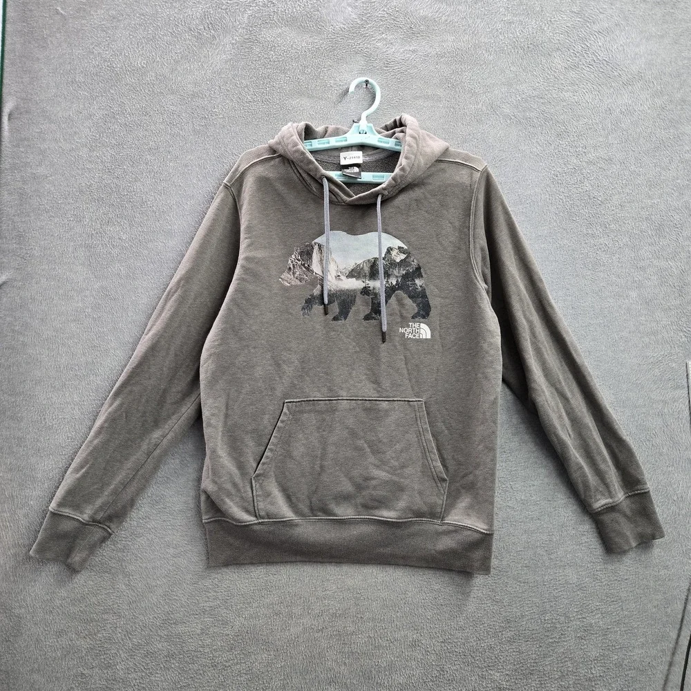 The‎ North Face Men Hoodie M Gray Graphic Print Fleece Bear Mountains Logo
